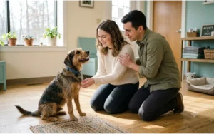 Family meeting a calm medium-sized dog at a shelter, deciding which dog breed fits their lifestyle