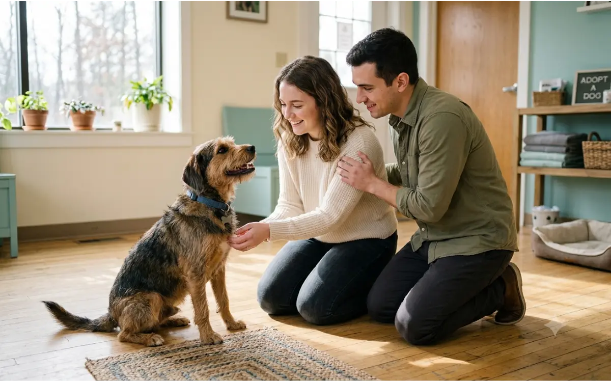 Family meeting a calm medium-sized dog at a shelter, deciding which dog breed fits their lifestyle